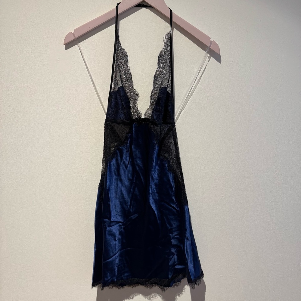 VICTORIA’S SECRET | NWT Satin & Lace Slip Dress Chemise Navy Blue Black S